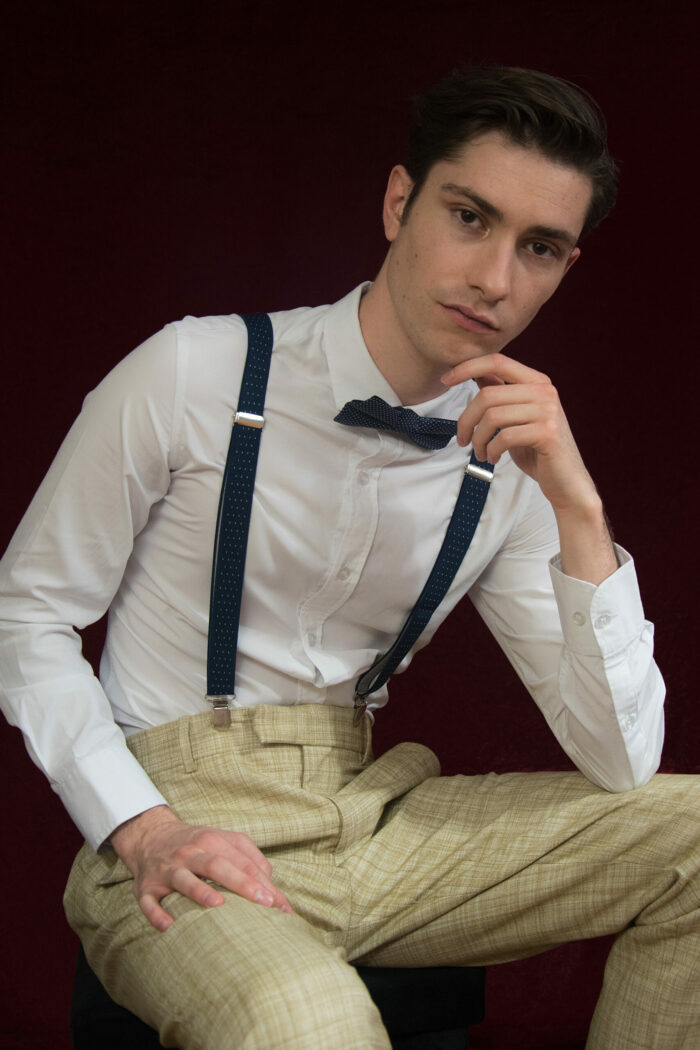model man for modern gentleman style peaky blinders two wearing blue bow tie white polka dots and thin straps same color